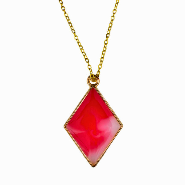 Sofort Geschenk Goldfarbige Rahmen Halskette |  Raute rot-weiss marmoriert